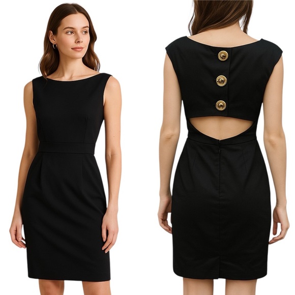 Michael Michael Kors Black Sheath Dress Button Back Cutout Cocktail Party Size 6 - Picture 1 of 6